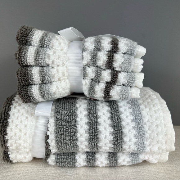 Set of 6 Caro Home 2 Hand Towels 4 Washclothes Gray White Stripes Cotton NEW - Picture 8 of 8